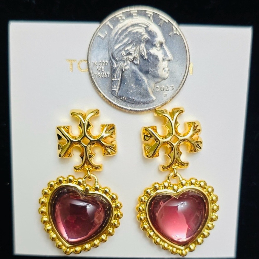 TORY BURCH ROXANNE GOLD LOGO PURPLE HEART DROP EARRINGS - Picture 3 of 9